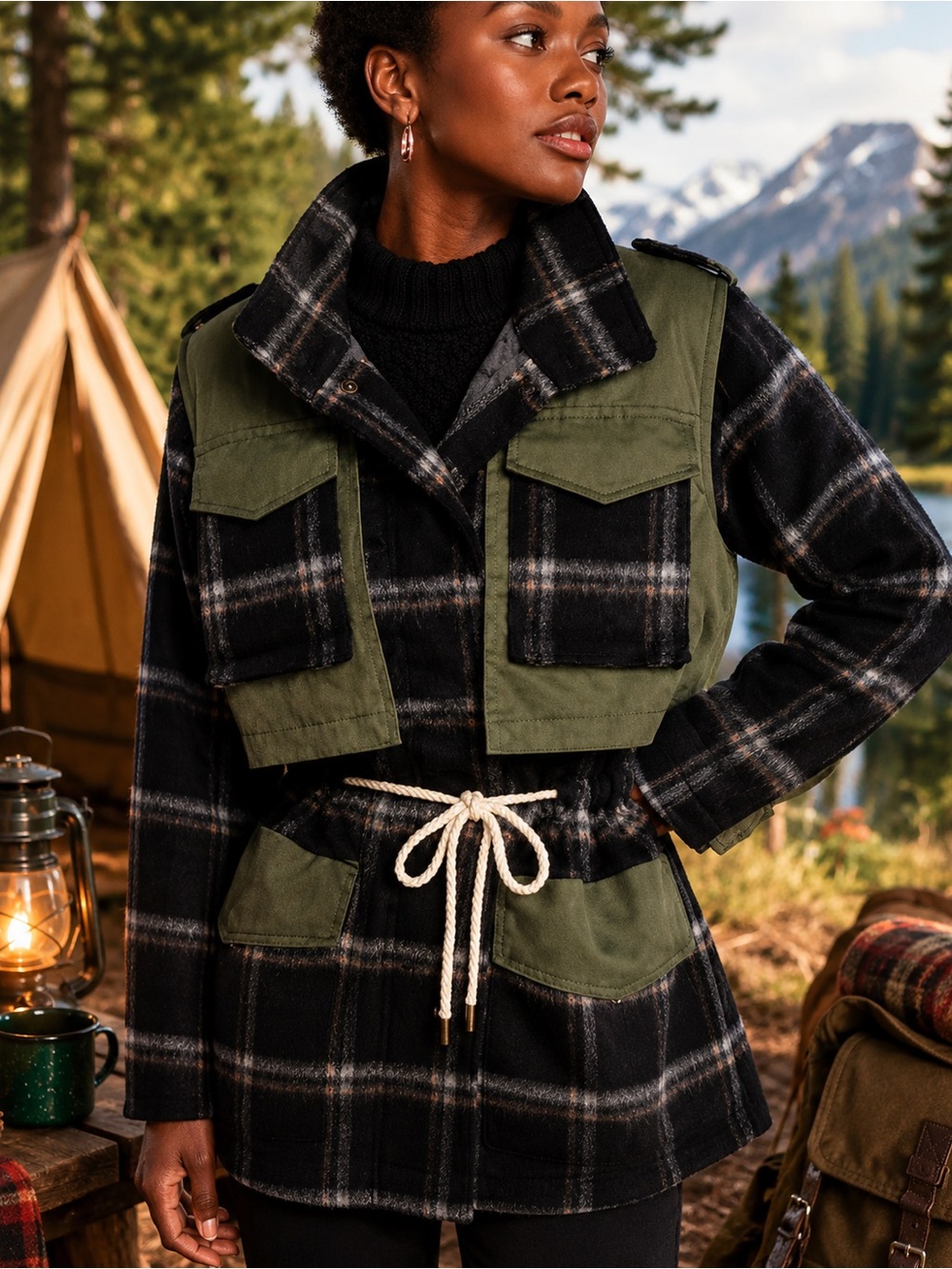 Goop G. Label Plaid Drawstring Waist with Olive Utility Pockets Coat. Size Small